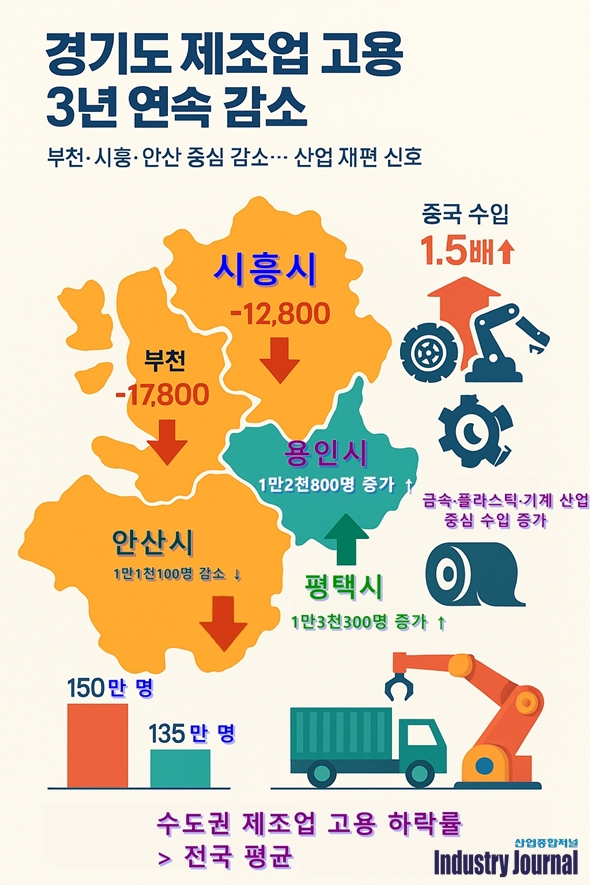 [뉴스그래픽] 제조업 고용 3년째 감소… 기계·장비 산업 고용 감소 폭 컸다 - 산업종합저널 동향