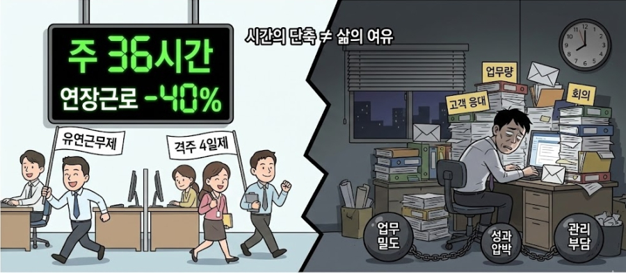 [산업톺아보기] ‘줄었다’는 숫자, ‘남았다’는 노동 ? 실노동시간 단축 로드맵의 그림자 - 산업종합저널 동향