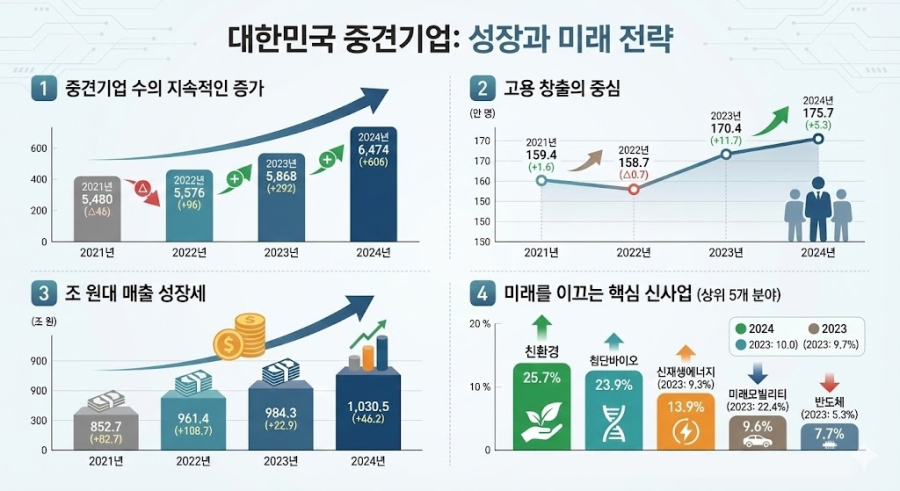 [뉴스그래픽] 중견기업, 매출 1,000조 시대… R&D 35% 급증하며 '기술 기업'으로 진화 - 산업종합저널 동향