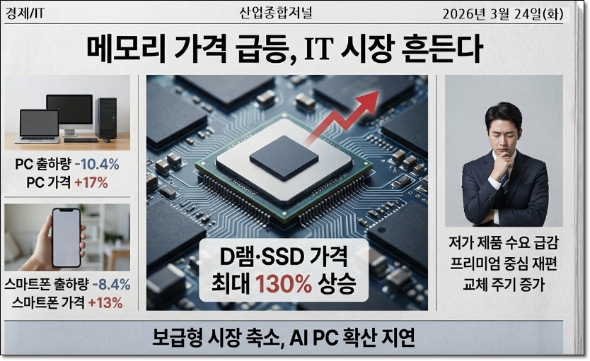 메모리 ‘가격 쇼크’ 130% 폭등… 올해 PC·스마트폰 출하량 동반 하락 - 산업종합저널 전자