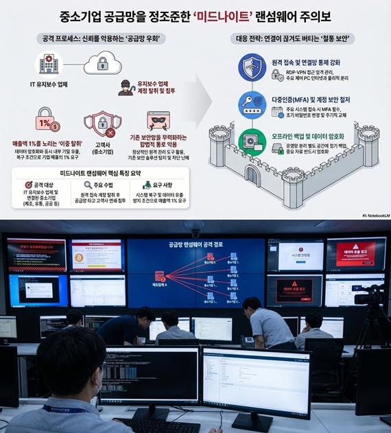 [뉴스그래픽] '외주업체 뚫리자 고객사 연쇄 마비'…공급망 노린 랜섬웨어 '미드나이트' 확산 - 산업종합저널 전자