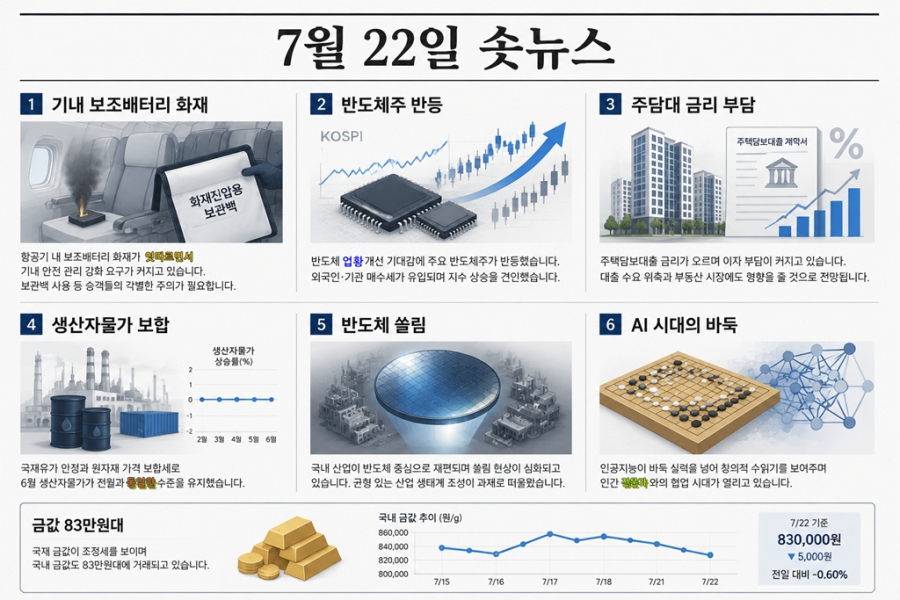 [7월 22일 숏뉴스] 기내 보조배터리 화재·코스피 반등·고금리 부담 속 물가 숨 고르기 - 산업종합저널 에너지