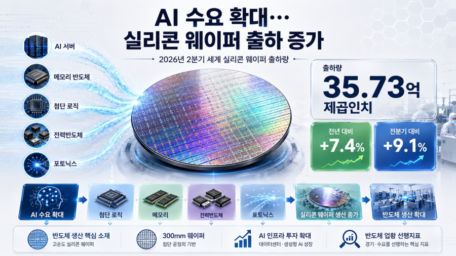 [뉴스그래픽] AI 수요에 실리콘 웨이퍼 출하 확대…2분기 35억7,000만 제곱인치 - 산업종합저널 전자