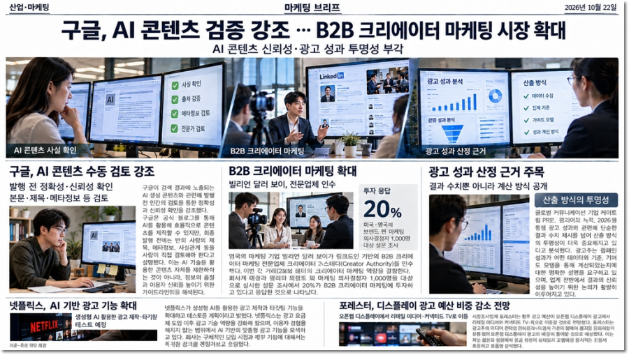 [마케팅 브리프 | 2026년 10월 22일] 구글, AI 콘텐츠 검증 강조…빌리언 달러 보이는 B2B 사업 확대 - 산업종합저널 FA