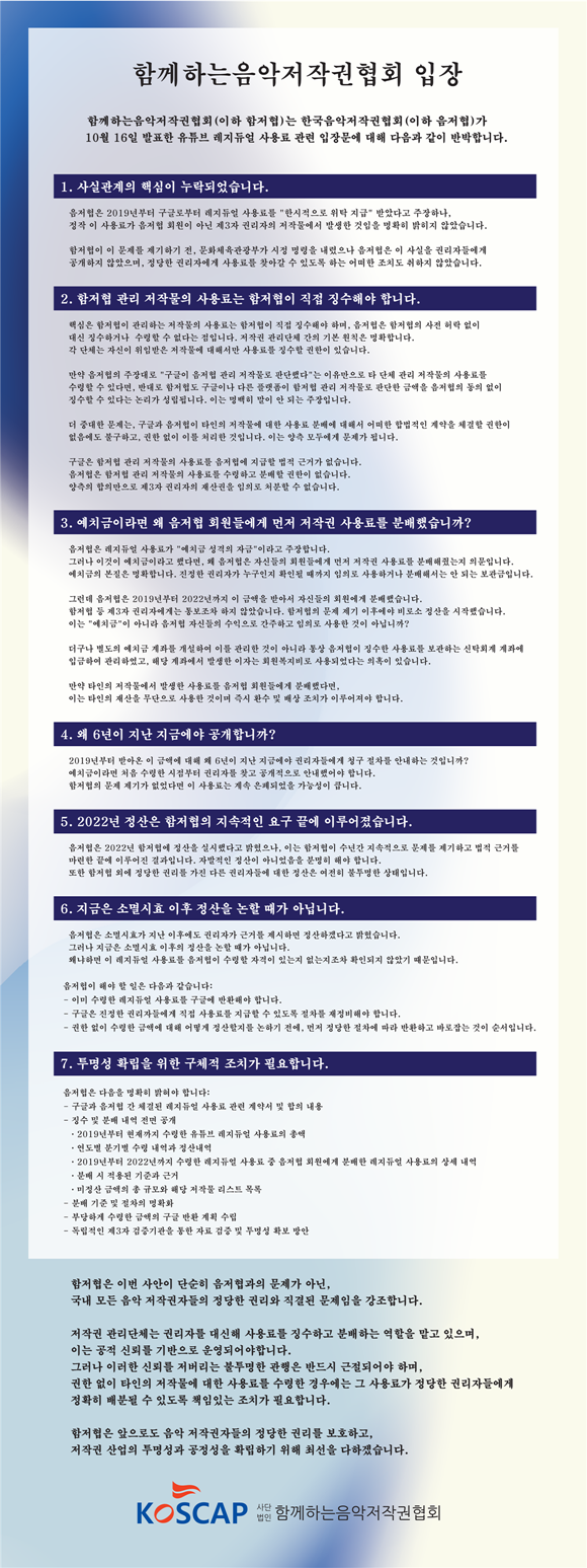 음저협, 남의 몫 유튜브 저작권료 6년간 무단 수령