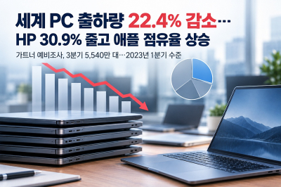 [그래픽뉴스] 세계 PC 출하량 22.4% 감소…HP 30.9% 줄고 애플 점유율 상승