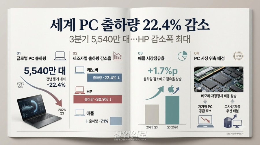 [그래픽뉴스] 세계 PC 출하량 22.4% 감소…HP 30.9% 줄고 애플 점유율 상승